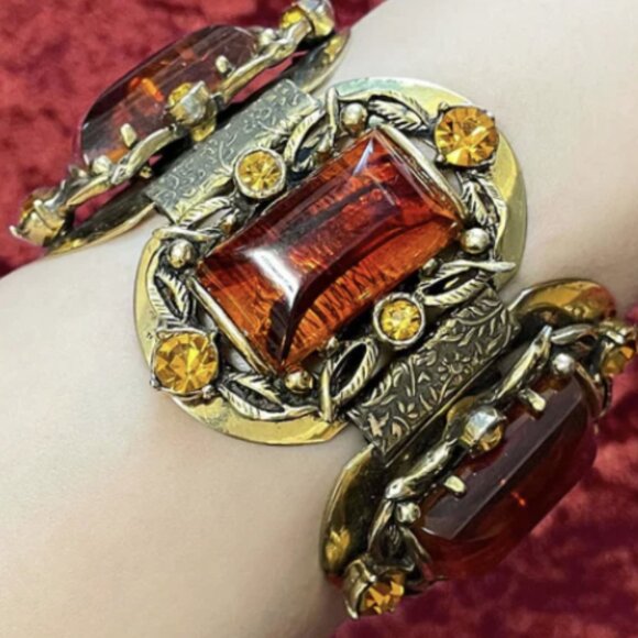 Vintage 1950s Selro Art Deco Tortoise Shell Lucite Bracelet Gold Tone & Stones - Picture 4 of 6